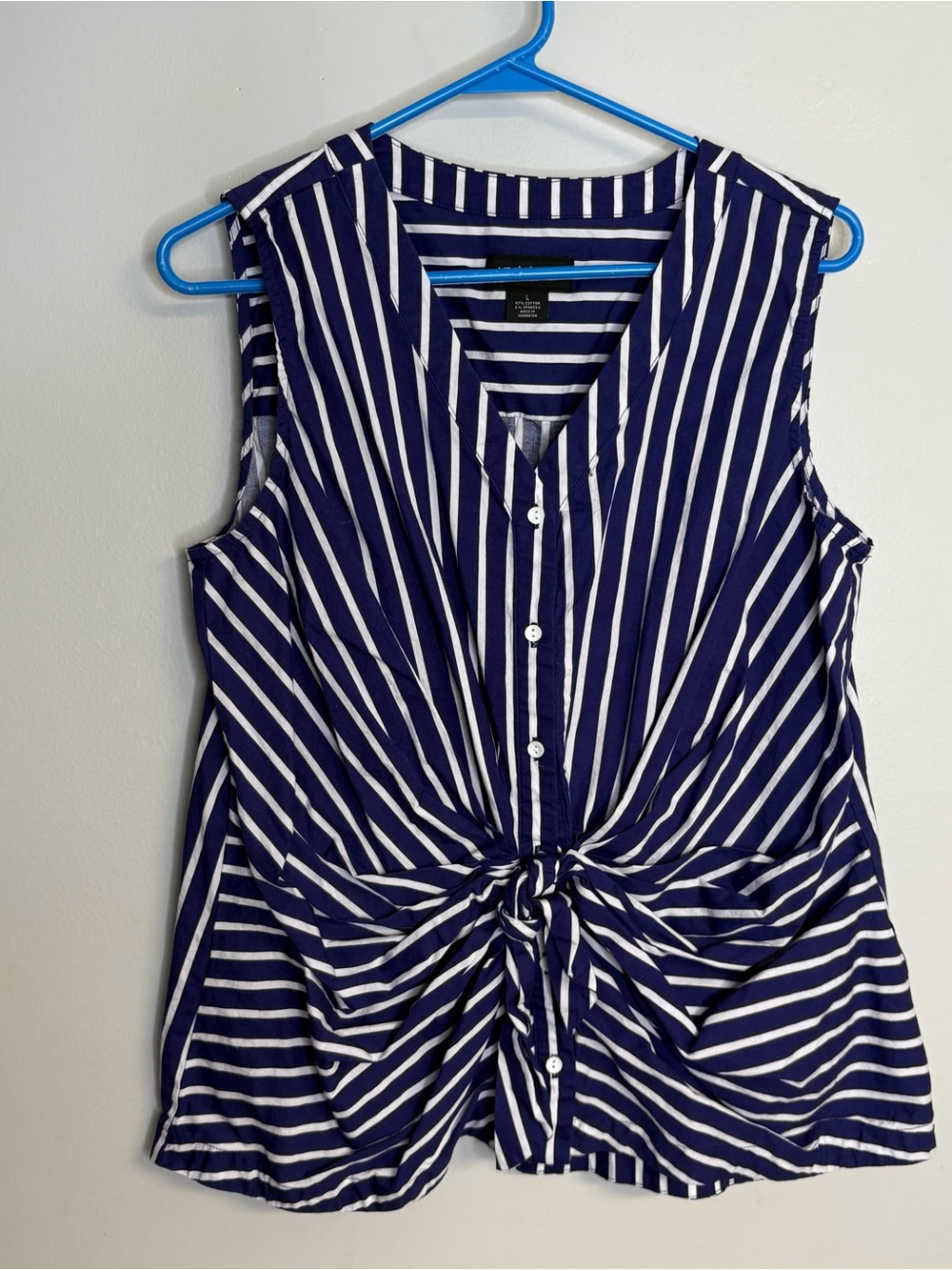 Liz Claiborne Navy and White Striped Tie-Front Sleeveless Top